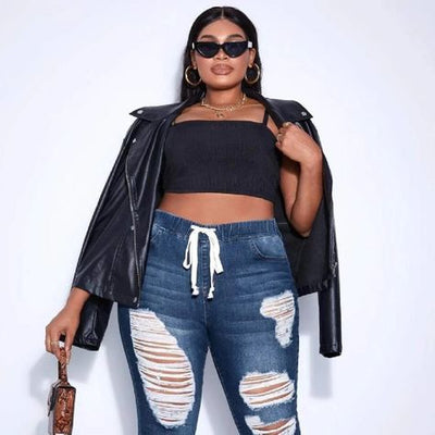 Drawstring Waist Ripped Frayed Hem Skinny Jeans ( Size US12 - US20)