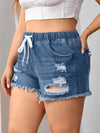 Drawstring Waist Ripped Raw Cut Denim Shorts (US12 - US20)