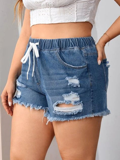 Drawstring Waist Ripped Raw Cut Denim Shorts (US12 - US20)