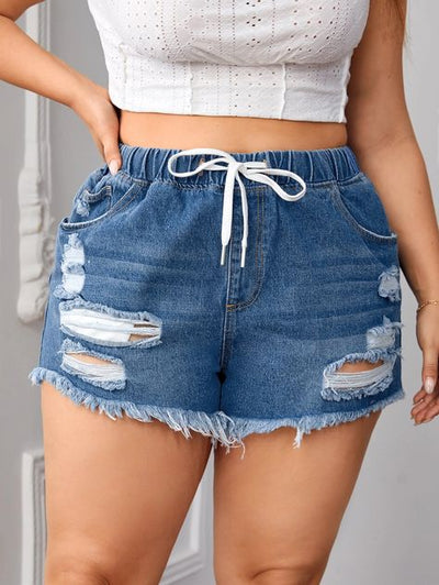 Drawstring Waist Ripped Raw Cut Denim Shorts (US12 - US20)