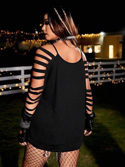 Eagle & Letter Graphic Ladder Cut Out Cold Shoulder Tee