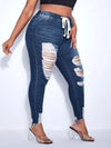 Drawstring Waist Ripped Frayed Hem Skinny Jeans ( Size US12 - US20)
