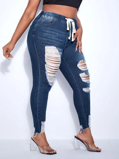 Drawstring Waist Ripped Frayed Hem Skinny Jeans ( Size US12 - US20)