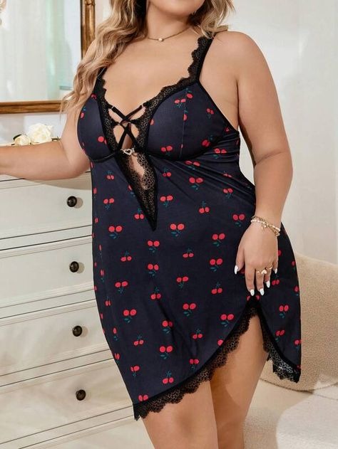 Cherry Print Lace Trim Slips A1011
