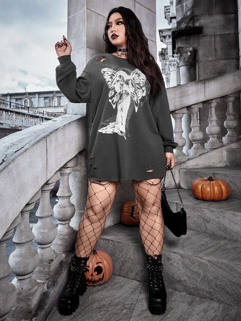 Butterfly & Graphic Print Ripped Drop Shoulder Sweatshirt Dress