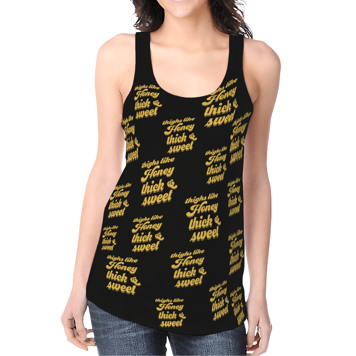 THIGHS LIKE HONEY THICK & SWEET BLACK FULL HOLLOW OUT TANK TOP