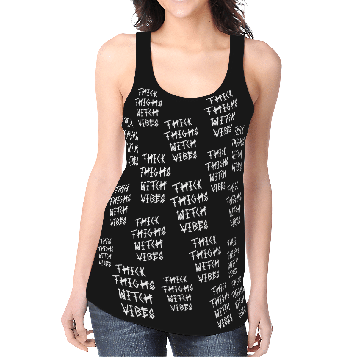THICK THIGHS WITCH VIBES BLACK FULL HOLLOW OUT TANK TOP