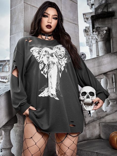Butterfly &amp; Graphic Print Ripped Drop Shoulder Sweatshirt Dress