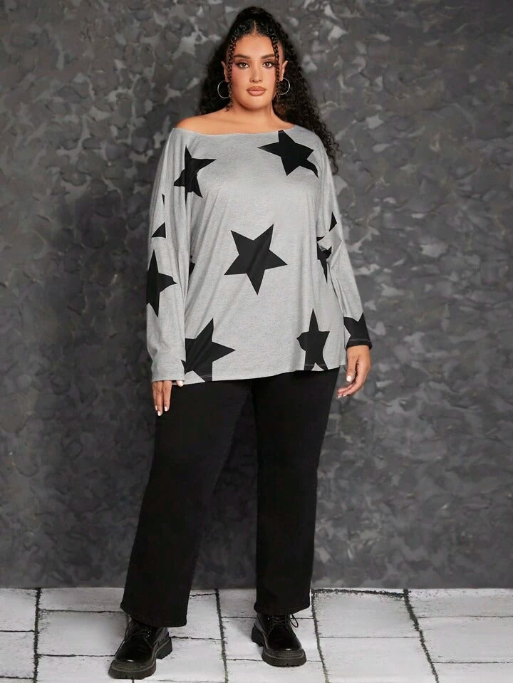 Star Print Batwing Sleeve Tee (Size US12 - US34)