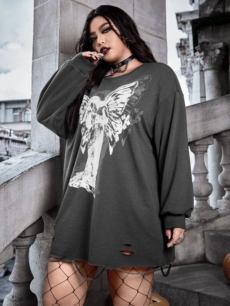 Butterfly & Graphic Print Ripped Drop Shoulder Sweatshirt Dress