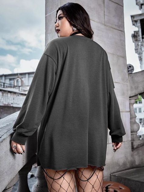 Butterfly & Graphic Print Ripped Drop Shoulder Sweatshirt Dress
