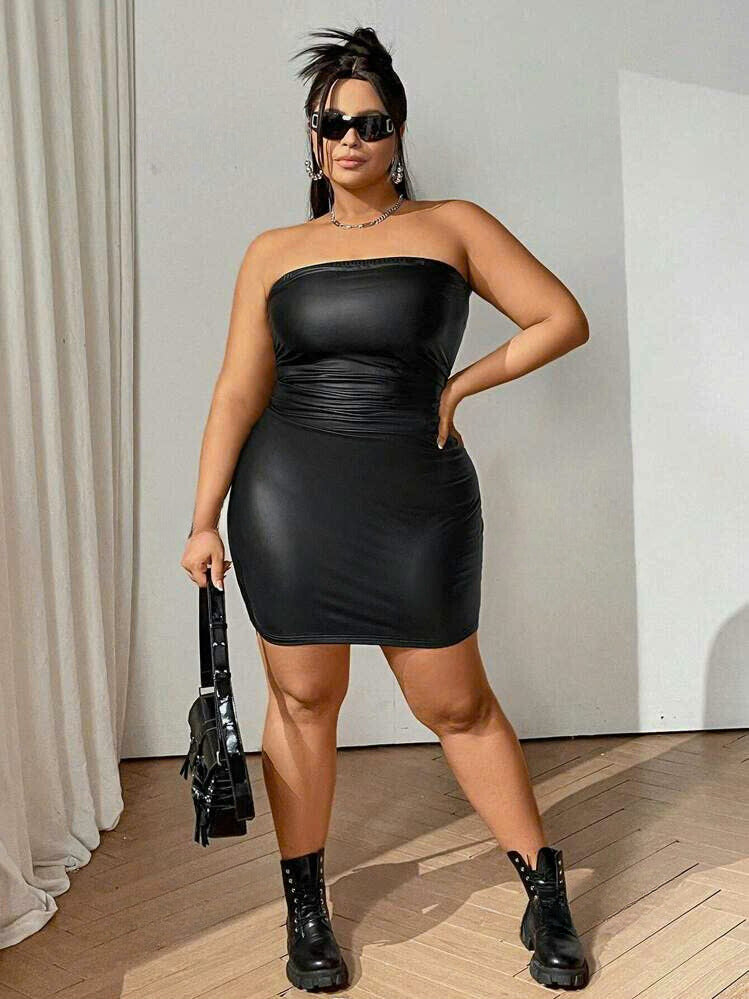 Pleated Faux Leather Dress 90101
