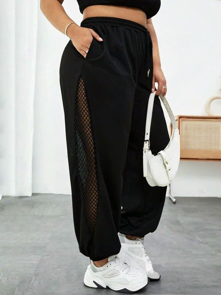 Drawstring Waist Fishnet Patchwork Baggy Sweatpants 12091