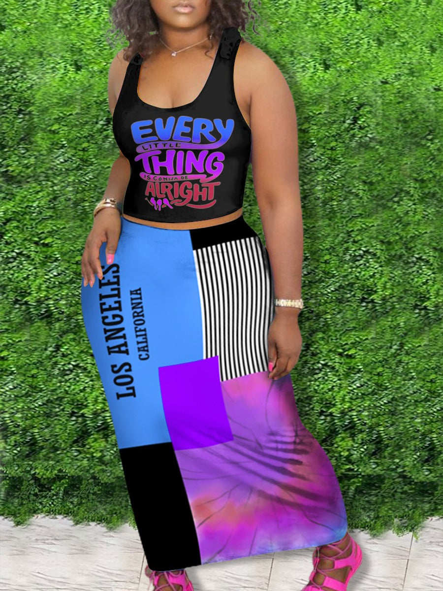 LETTER PRINT STRIPED TIE DYE SKIRT SET CB1407