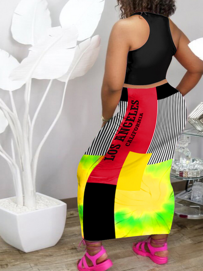 LETTER PRINT STRIPED TIE DYE SKIRT SET CB1407