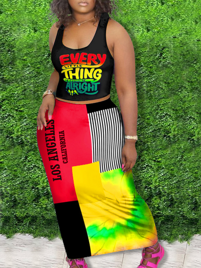 LETTER PRINT STRIPED TIE DYE SKIRT SET CB1407