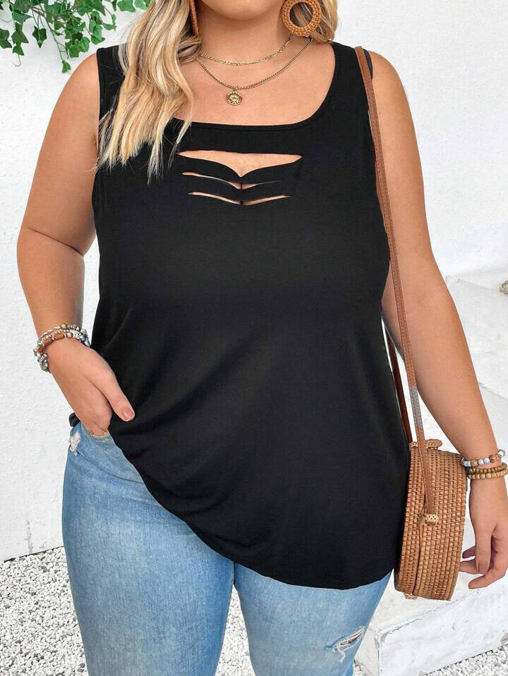 Solid Color Hollow Out Round Neck Tank Top 2906