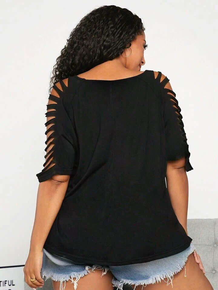 Women's V-Neck Short Sleeve Ripped T-Shirt 6091