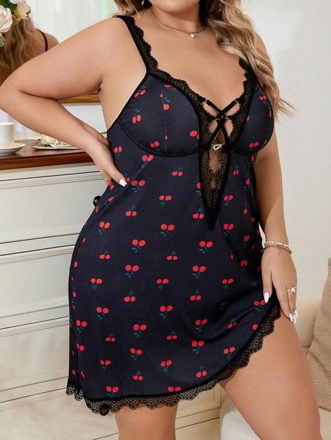 Cherry Print Lace Trim Slips A1011