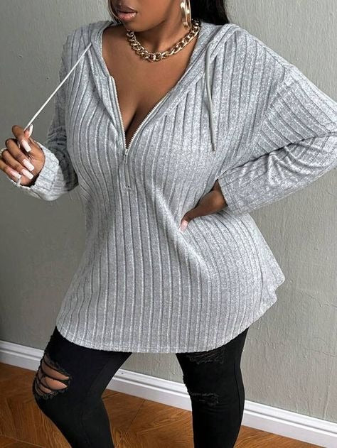 Half Zip Drop Shoulder Drawstring Hooded Tee