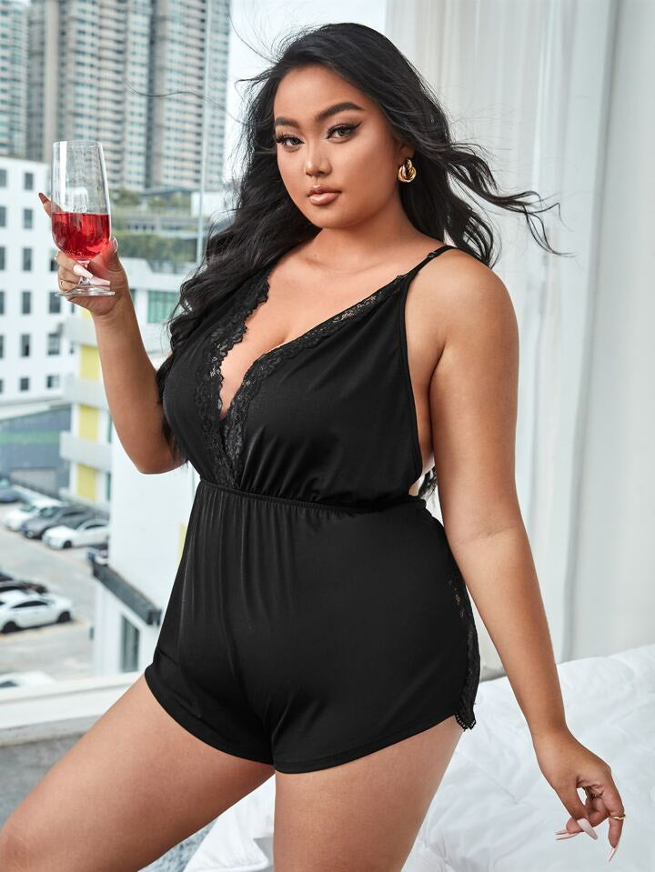 Contrast Lace Backless Ring Linked Sleep Romper 2404