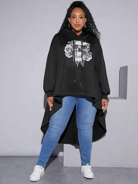 Floral Print Drop Shoulder Drawstring Hoodie 7102 (Size US22 - US34)