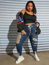 Drawstring Waist Ripped Raw Cut Skinny Jeans ( size US22 - US30)