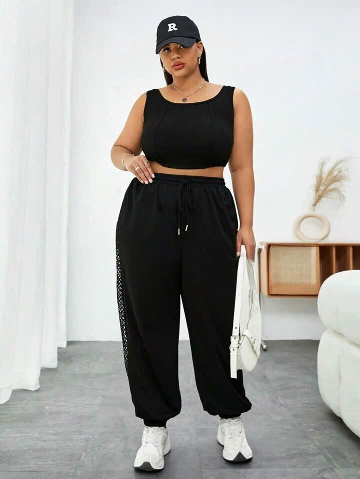 Drawstring Waist Fishnet Patchwork Baggy Sweatpants 12091