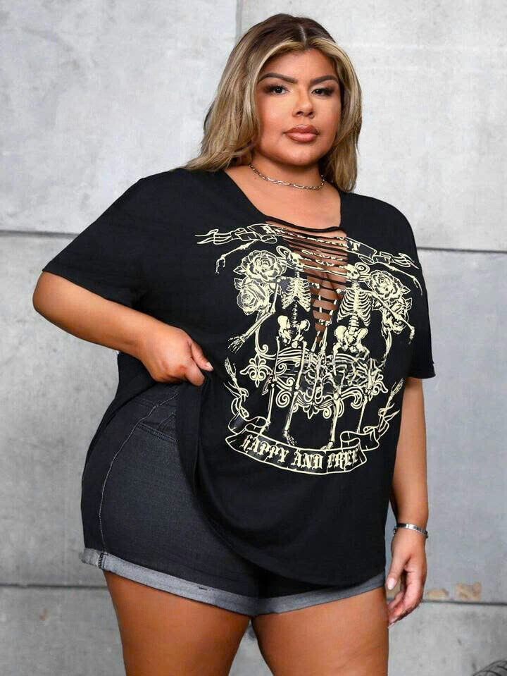 Skeleton & Slogan Print Short Sleeve T-Shirt 4091