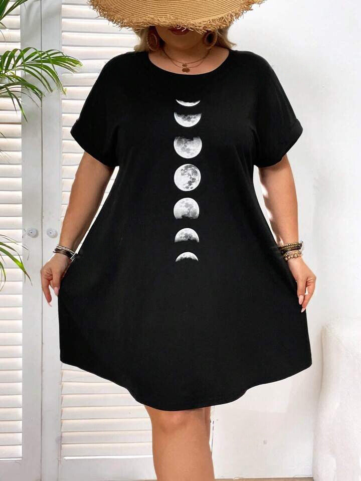 Casual Loose Moon Print Round Neck Short Sleeve Dress 6081