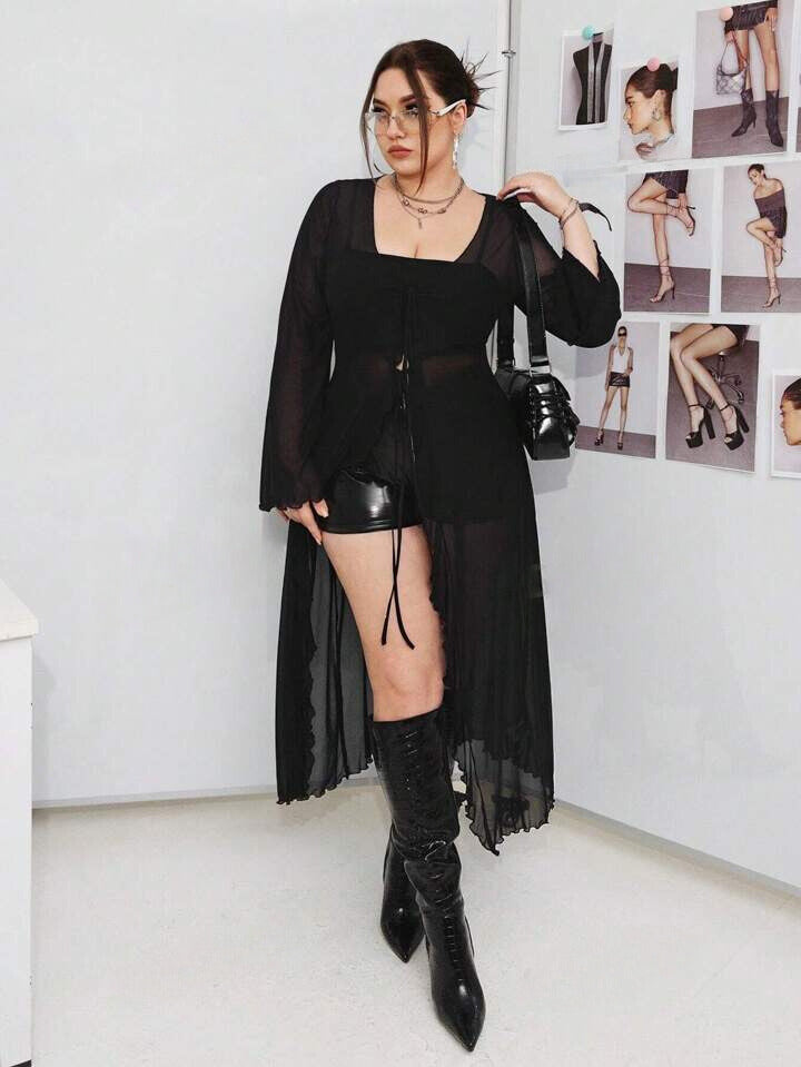 Black Sheer Front-Open Long Top With Flare Sleeves 6082