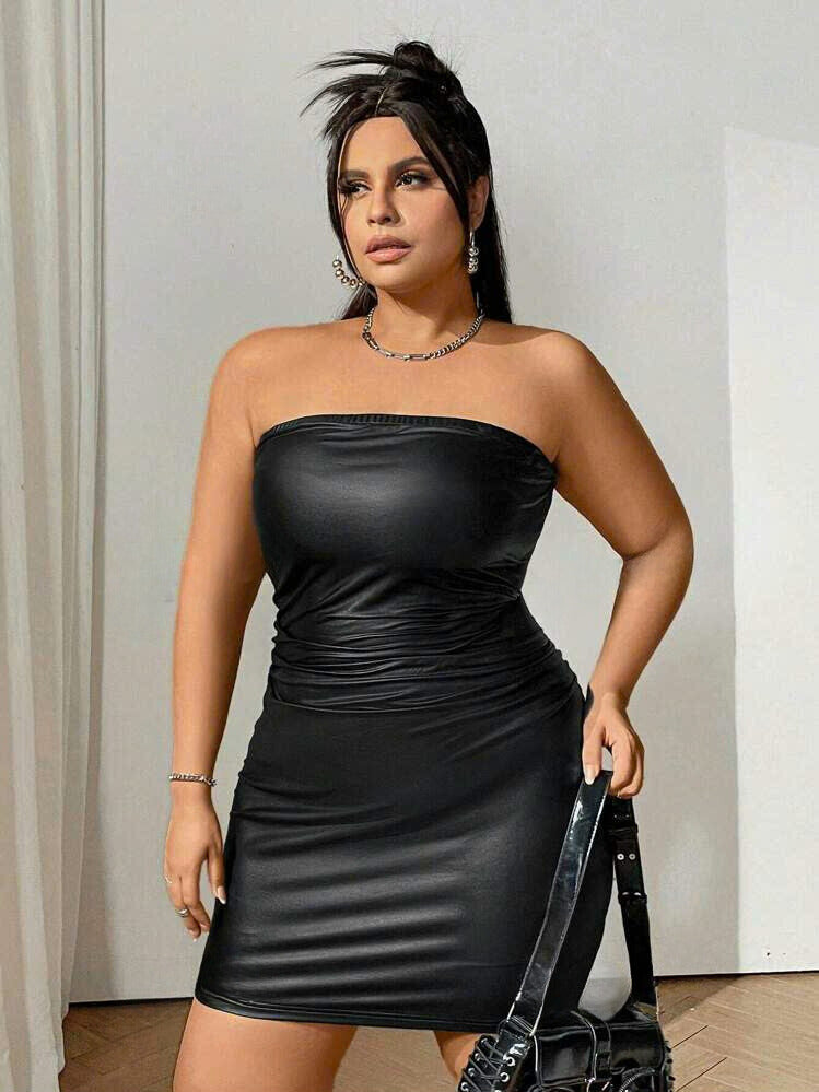 Pleated Faux Leather Dress 90101