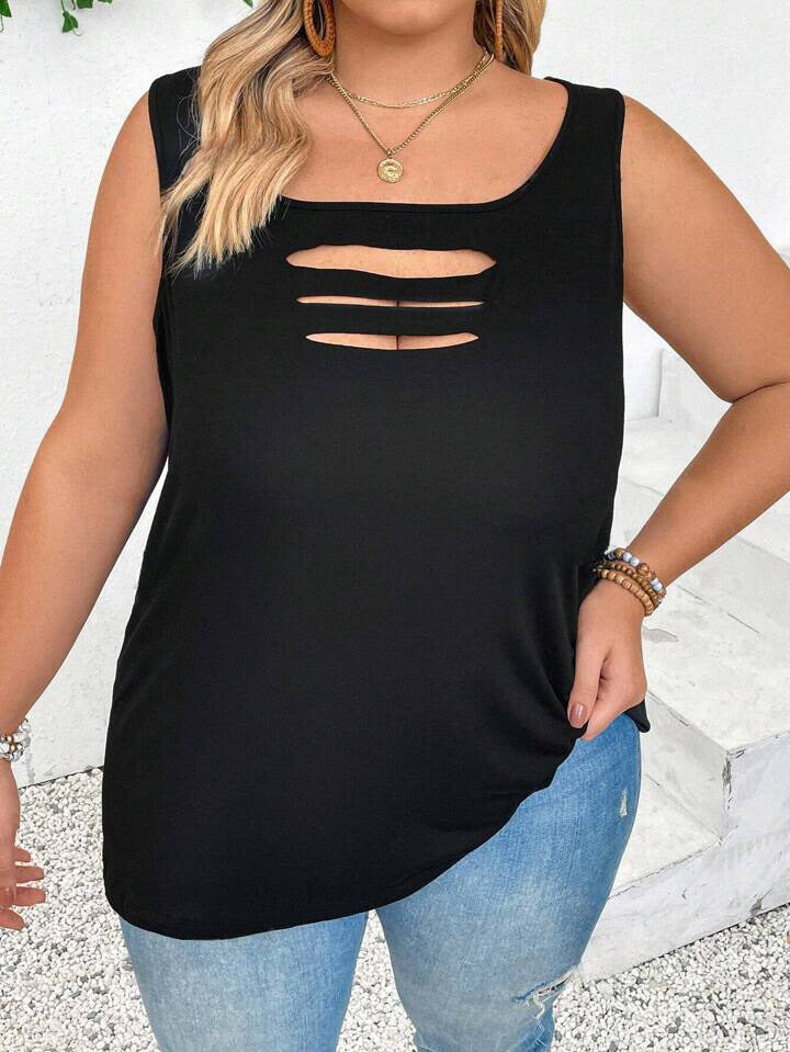 Solid Color Hollow Out Round Neck Tank Top 2906