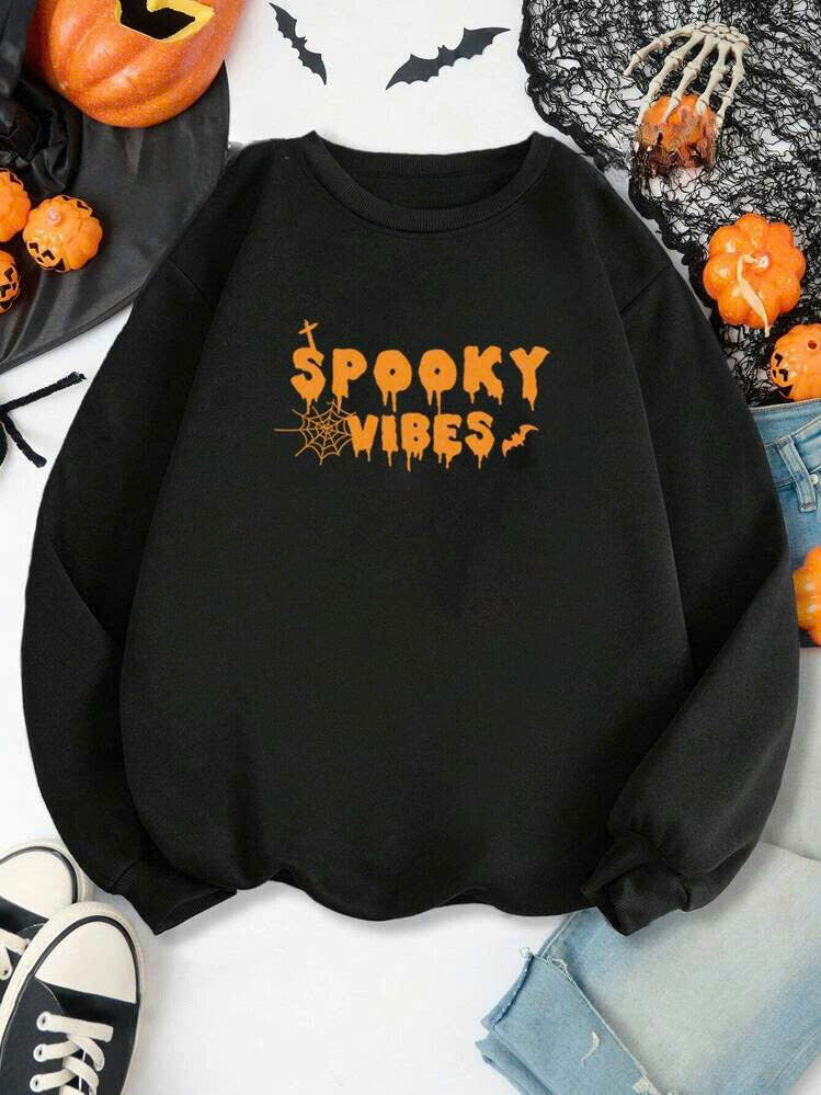 Halloween Spider Web & Slogan Graphic Sweatshirt 21091