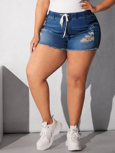 Drawstring Waist Ripped Raw Cut Denim Shorts (Size US22- US30)