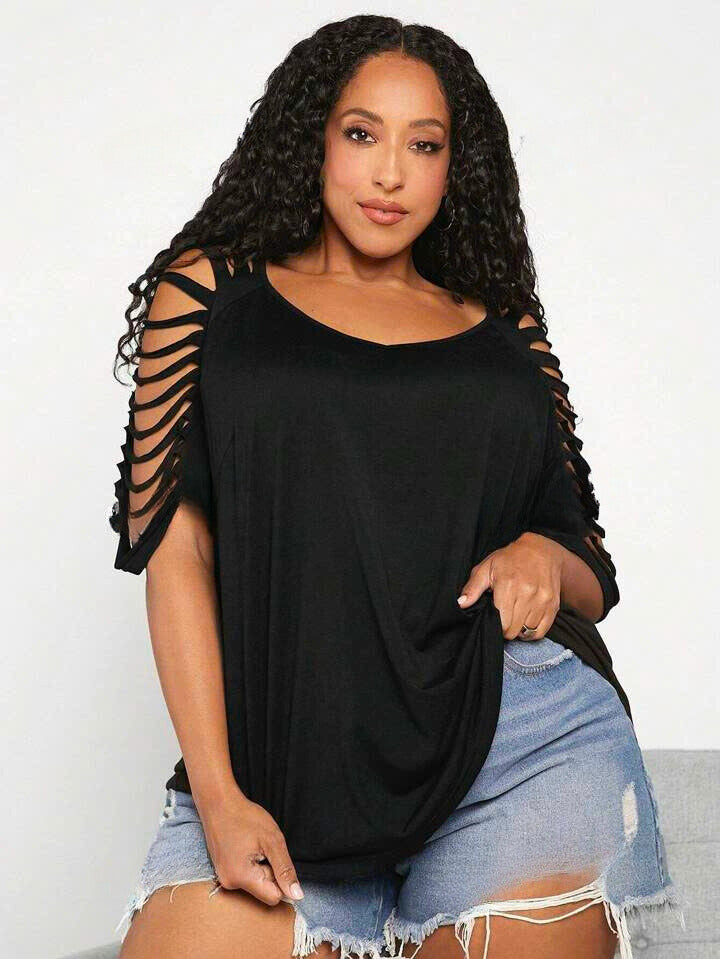 Women's V-Neck Short Sleeve Ripped T-Shirt 6091