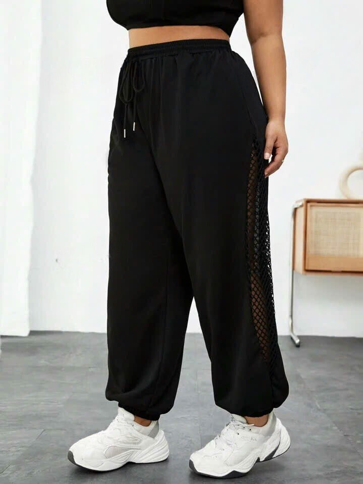 Drawstring Waist Fishnet Patchwork Baggy Sweatpants 12091
