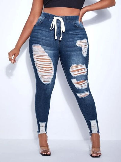Drawstring Waist Ripped Frayed Hem Skinny Jeans ( Size US12 - US20)