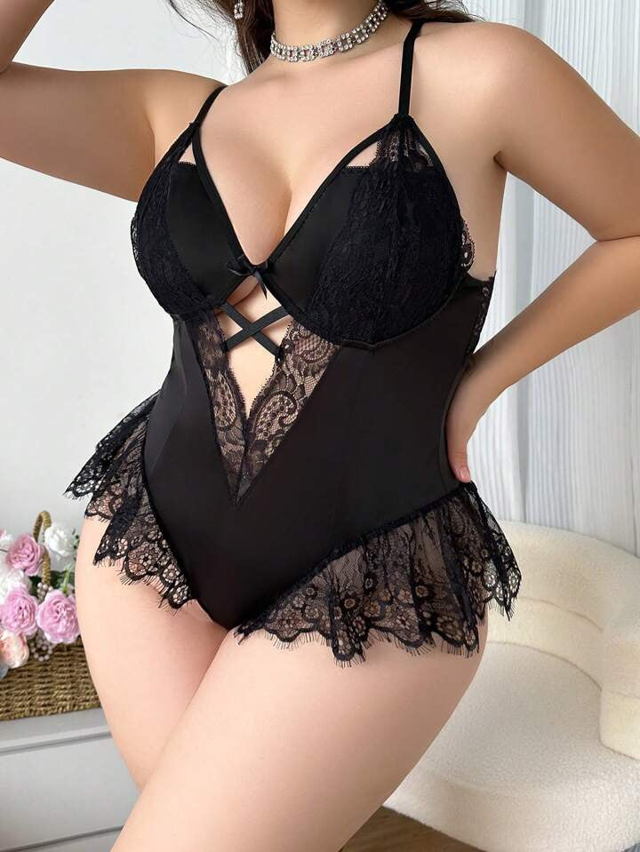 Contrast Lace Crisscross Romper Lingerie 1704