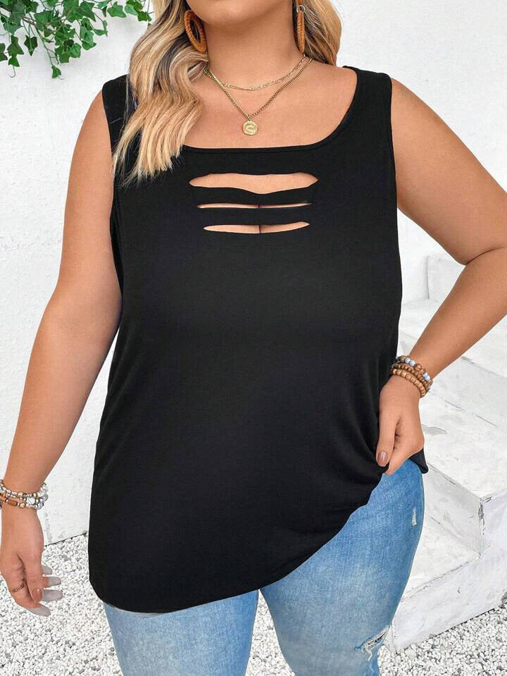 Solid Color Hollow Out Round Neck Tank Top 2906