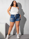 Drawstring Waist Ripped Raw Cut Denim Shorts (Size US22- US30)