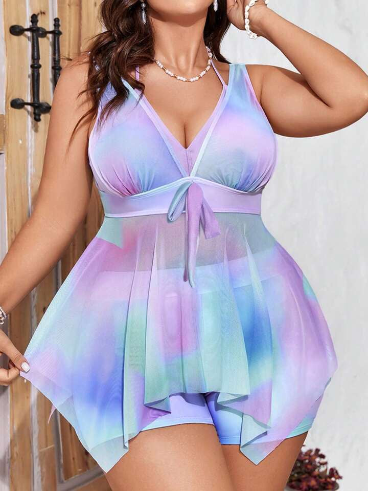 Ombre Asymmetrical Hem Strappy Tank Top And Shorts Bikini Set 2045