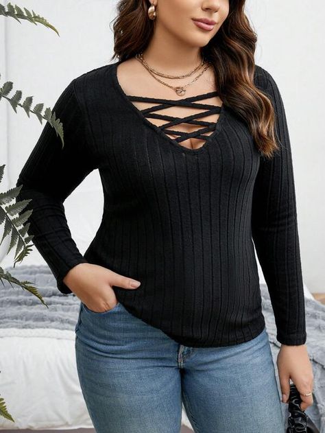 Crisscross Front Ribbed Knit Tee