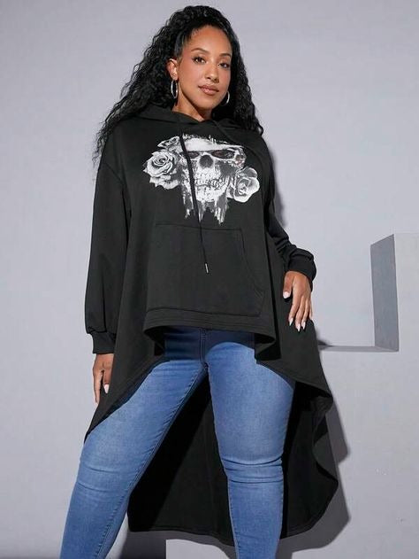 Floral Print Drop Shoulder Drawstring Hoodie 7102 (Size US22 - US34)