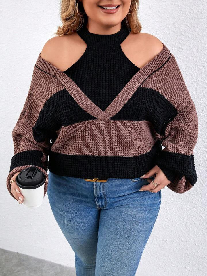 Two Tone Cold Shoulder 2 In 1 Sweater CS1011