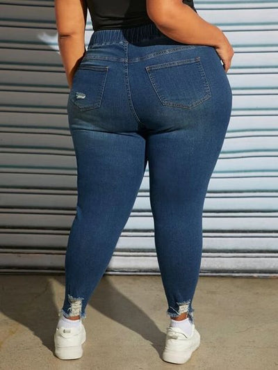 Drawstring Waist Ripped Raw Cut Skinny Jeans ( size US22 - US30)