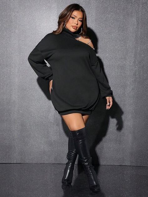 Rhinestone Detail Cut Out Drop Shoulder Sweatshirt Dress