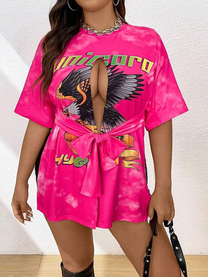 SIDE SLIT SHORT SLEEVE CASUAL T-SHIRT WITH LETTER AND EAGLE PRINT 2042