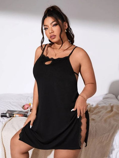 Keyhole Neck Lace Trim Slit Side Backless Nightdress