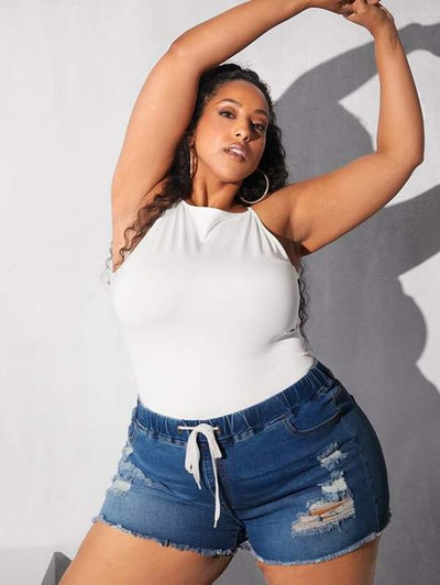 Drawstring Waist Ripped Raw Cut Denim Shorts (Size US22- US30)